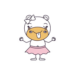 silhouette color sections caricature of cute expression female hippo in skirt with bow lace and sticking out tongue vector illustration