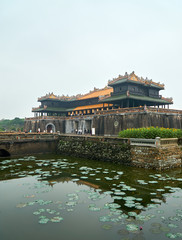 Entrance door to the imperial city, Hue, Vietnam. On a day with a lot fog.