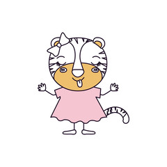 silhouette color sections caricature of female tigress in dress with bow lace and eyes closed expression of happiness vector illustration