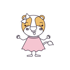 silhouette color sections caricature of female lioness in dress with bow lace and happiness expression vector illustration