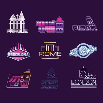 World cities labels set, logo graphic templates vector Illustrations
