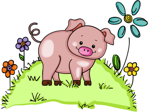 Cute pig in green grass with flowers
