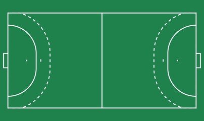 Flat handball field, green grass. Field with line template. Vector Handball stadium.