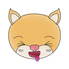 color crayon silhouette cute face of kitten sticking out tongue expression vector illustration
