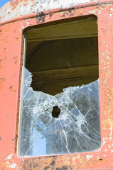 Broken window of a train