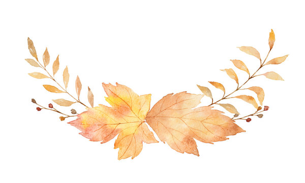 Watercolor wreath of leaves and branches isolated on white background.
