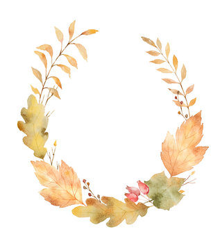 Watercolor wreath of leaves and branches isolated on white background.