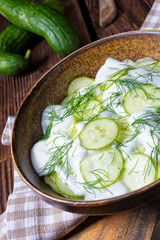 fresh cucumber salad with yogurt and young potatoes - obrazy, fototapety, plakaty
