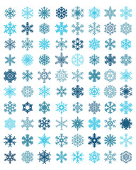 Set of different blue snowflakes on a white background