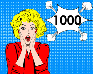Thousand followers online social media achievement. Surprised girl. pop art style