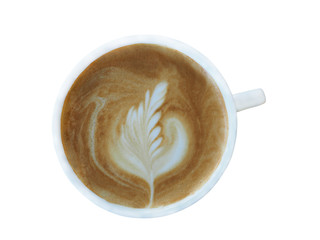 Top view of hot coffee latte art in white ceramic cup isolated on white background