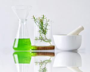 Natural organic botany and scientific glassware, Alternative herb medicine, Natural skin care beauty products, Research and development concept.