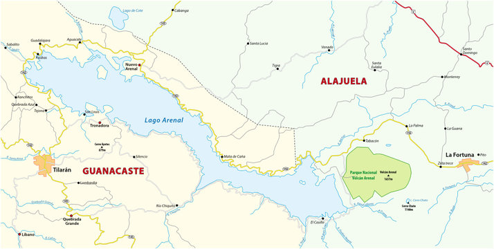 Administrative and political map of the environment of the Costa rican lake arenal