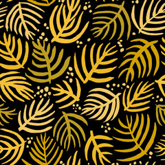 Exotic gold leaves on black background. Seamless vector pattern 