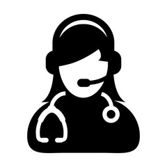 Woman Doctor Icon Vector With Online Consultation and Support Wearing Headphone Contacting Physician Specialist Avatar In Glyph Pictogram Symbol illustration