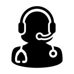 Woman Doctor Icon Vector With Online Consultation and Support Wearing Headphone Contacting Physician Specialist Avatar In Glyph Pictogram Symbol illustration