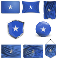 Set of the national flag of Somalia in different designs on a white background. Realistic vector illustration.