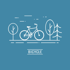 Line art bicycle design on the road in the park with big city view. Good for card,  banner, presentation, flyer, etc. Modern vector logo