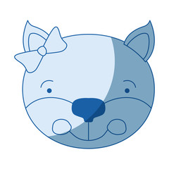 blue color shading silhouette face of female kitten animal happiness expression with bow lace vector illustration