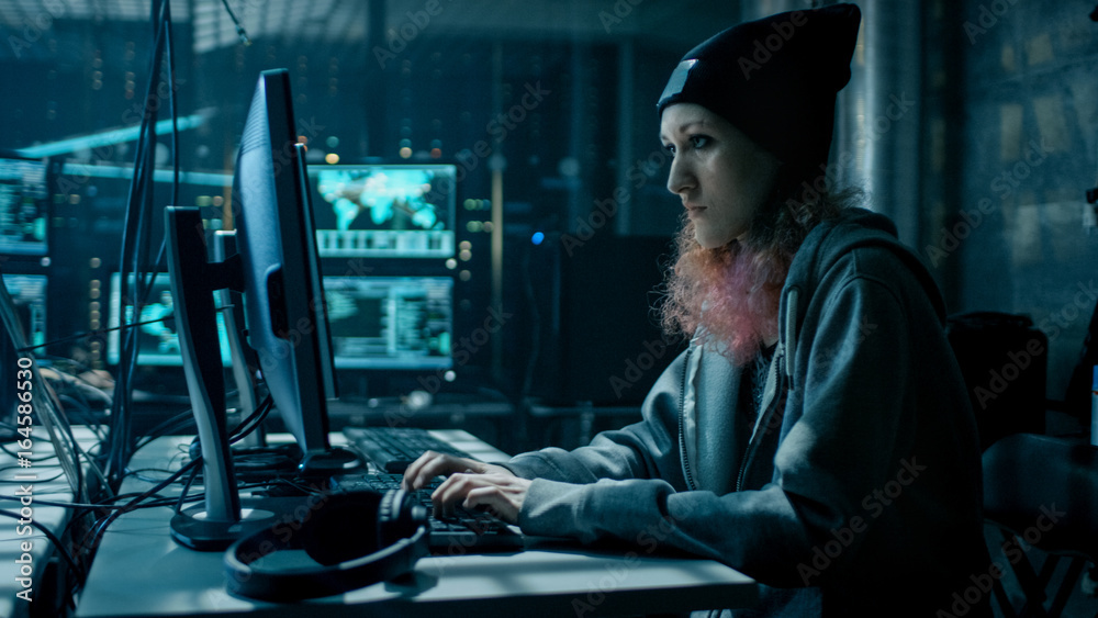 Aufkleber Nonconformist Teenage Hacker Girl Using Computer for Attacking Corporate Servers with malware. Room is Dark, Neon and Has Many Displays.