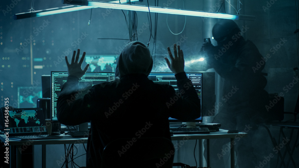 Poster fully armed special cybersecurity forces soldier arrests highly dangerous hacker. hideout is dark an