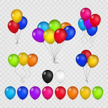 Colored balloons isolated on transparent background. Flying helium brightly air balloon set for birthday party vector illustration