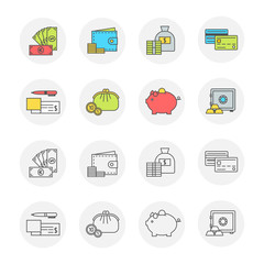 Conceptual icon set flat design. Money, payment and finance modern symbols with contour for web sites and mobile applications, transparent line and color, vector illustration