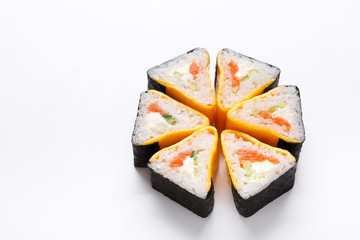Set of unagi eel rolls on white background, closeup, pov