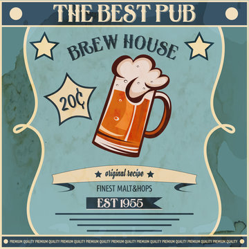 Original vintage beer poster vector illustration. Vintage beer mug poster. Retro design pub and bar poster.