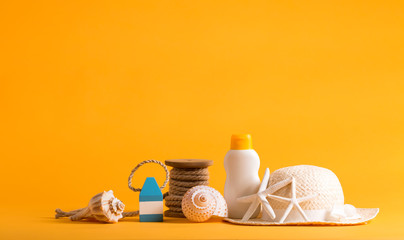 Summer and beach objects theme on a bright yellow background