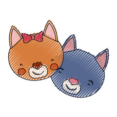 color crayon silhouette faces of cat couple animal happiness expression vector illustration