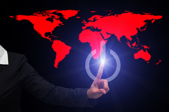 Hand pressing power button over map and city tower, technology,Elements of this image furnished by NASA