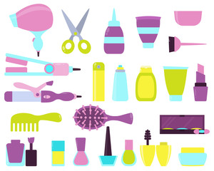 A set of beauty salon icons. Equipment and cosmetics. Vector illustration