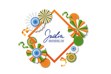 15th of August, India Independence Day. Vector paper stars in Indian flag colors, ashoka wheel, hand drawn calligraphy. Holiday frame for greeting card, banner layout, flyer, poster.