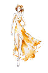 Watercolor fashion illustration, model in a long dress, catwalk