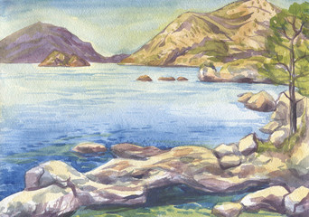 seascape. Islands and mountains. Watercolor painting