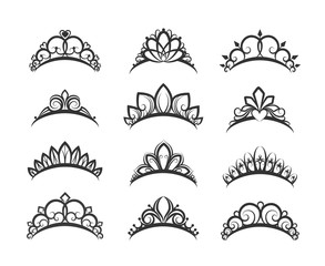 Vector tiara set. Beautiful queen tiaras or princess crown silhouettes for wedding cards and vignettes - obrazy, fototapety, plakaty