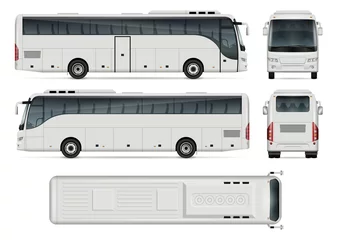 Fotobehang Bus vector template for car branding and advertising. Isolated coach bus set on white background. All layers and groups well organized for easy editing and recolor. View from side, front, back, top. © Yuri Schmidt