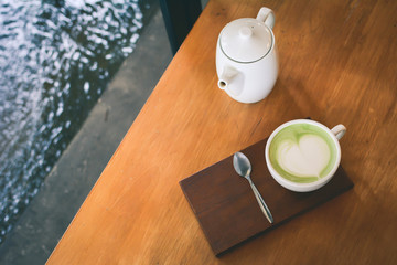 Green tea cup in cafe shop time to relax