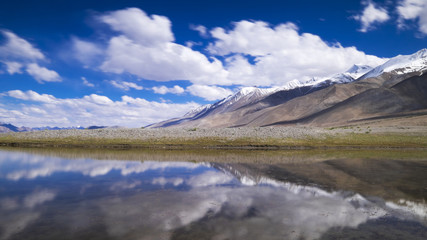 Fototapeta na wymiar The reflection of mountain at Pangong Lake, Leh Ladakh, India