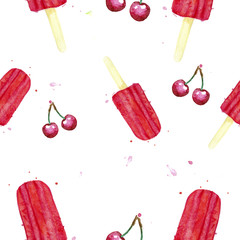Watercolor cherry and icecream seamless pattern - 164592919