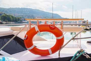 Close-up view of pleasure boat, moored in marina of Balchik city in black sea coast at Bulgaria