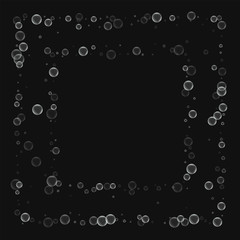 Soap bubbles. Square chaotic frame with soap bubbles on black background. Vector illustration.