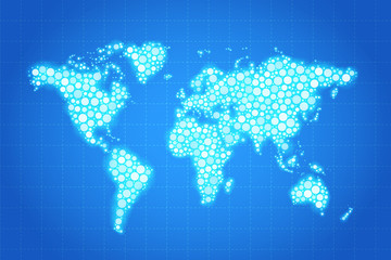 Fototapeta na wymiar World Map made up from modern blue circles different sizes with glow