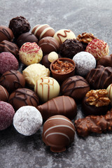 a lot of variety chocolate pralines, belgian confectionery gourm