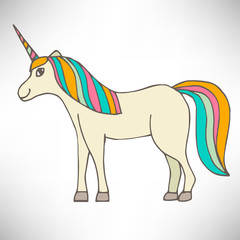 Obraz premium Cute colorful hand drawn full-length smiling unicorn in profile with thin line contour isolated on white background. Vector illustration.