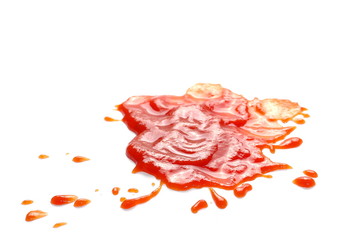 red ketchup splashes isolated on white background, tomato pure texture