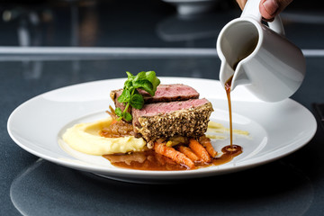 grilled tuna with baby carrot and mashpotato