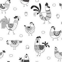 Seamless pattern with chickens, roosters, eggs in cartoon style, line art. Background for design cover product packaging, advertising banner, card - 164598371
