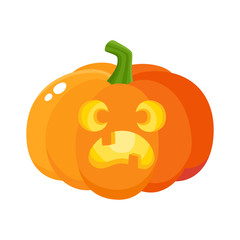 Pumpkin jack-o-lantern with scared face, Halloween symbol, cartoon vector illustration isolated on white background. Cartoon pumpkin lantern with face showing fear, surprised, Halloween decoration
